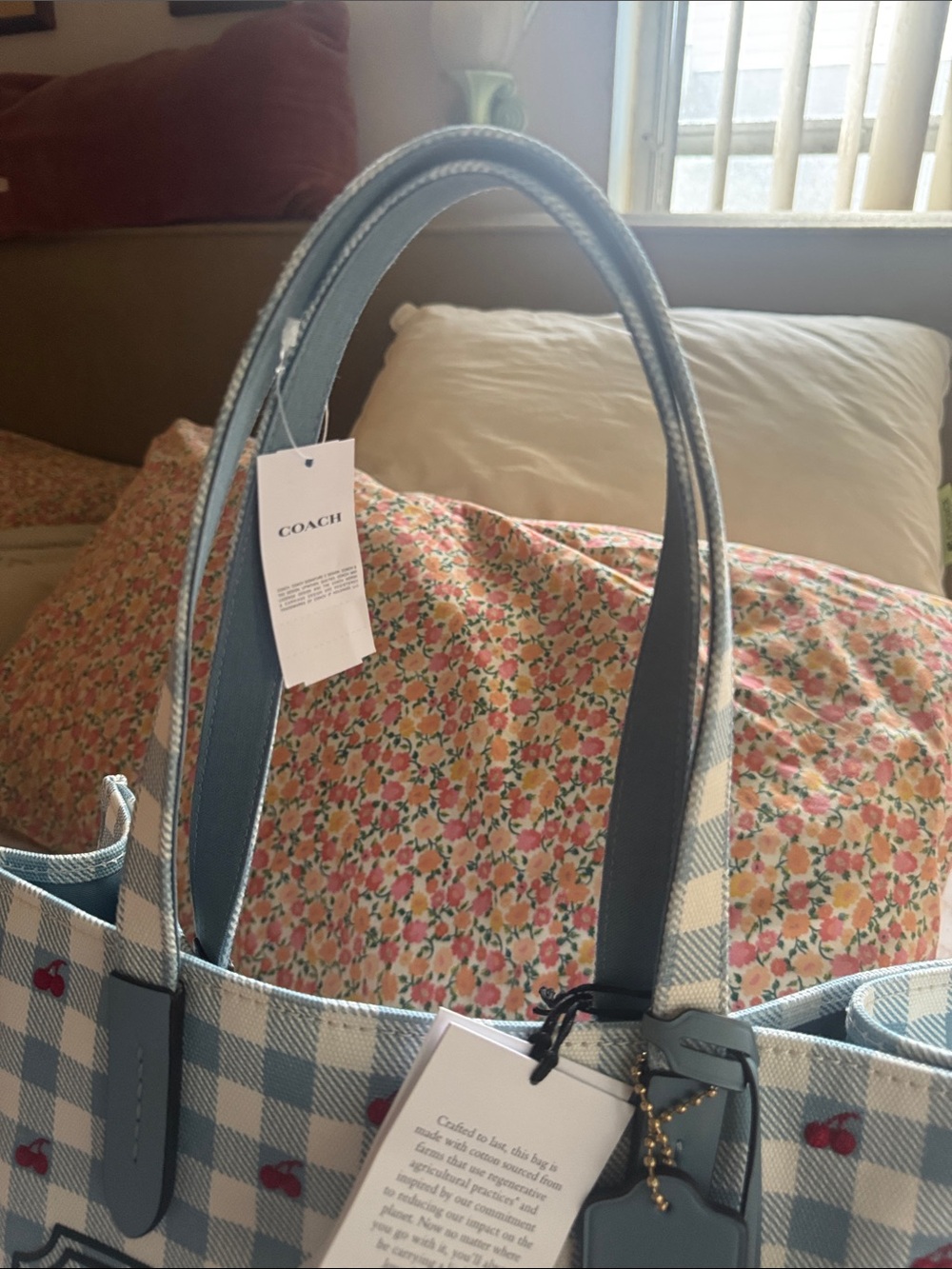 Coach Blue & White Gingham Tote with Red Cherry Accents BRAND NEW NEVER USED - Picture 16 of 16